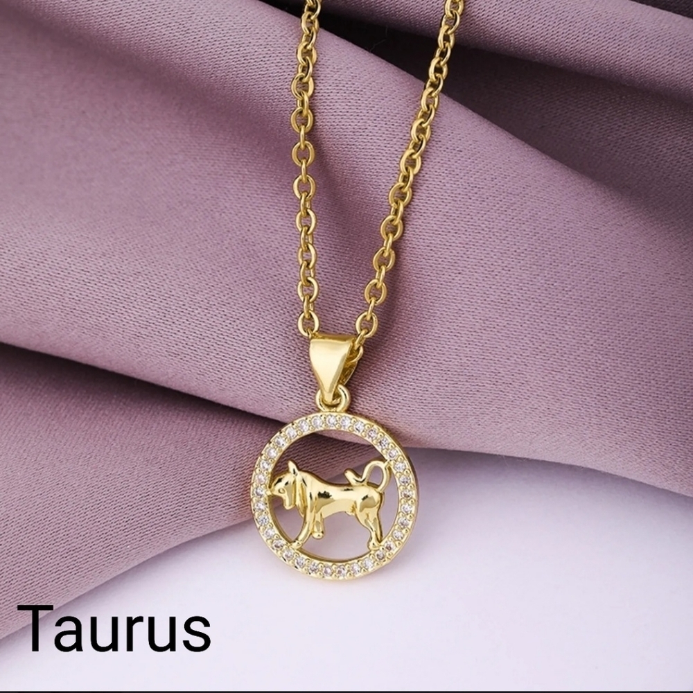 April/May Zodiac Taurus Necklace Inlaid Zircon Gold Plated Stainless Steel - Picture 15 of 16